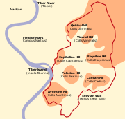 Mapa esquemático de Roma, mostrando las siete colinas 